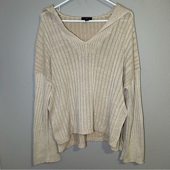 J. Crew neutral relaxed cotton linen blend collared sweater women’s size L XL - Picture 2 of 13